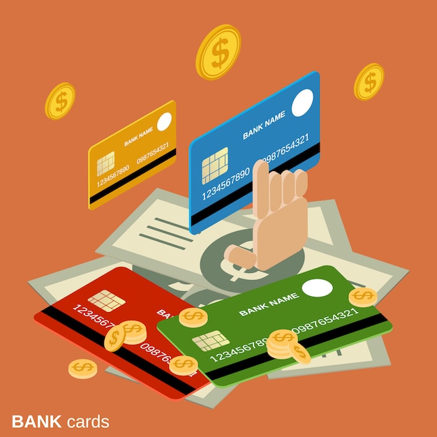 Bank cards flat 3d isometric vector concept illustration