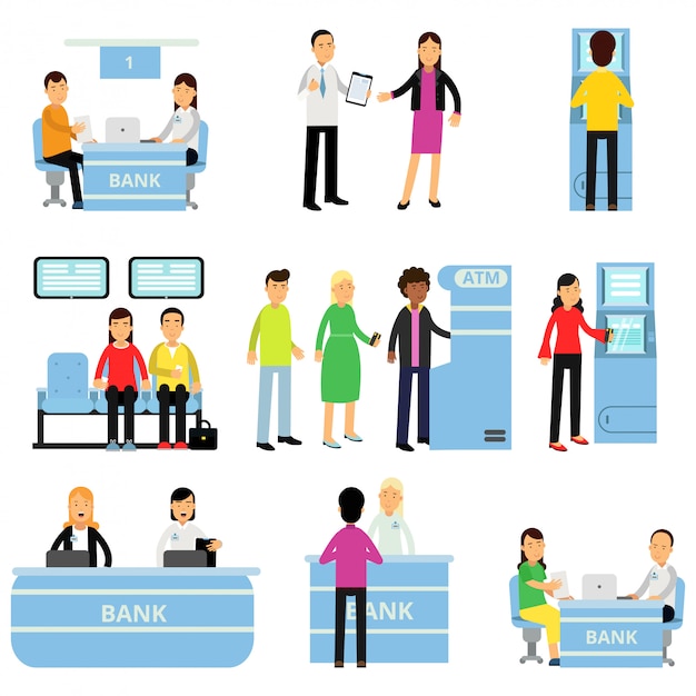 Bank employees and customers in different situations. Consultant advises client, people sitting in queue, man getting money from ATM. Flat   design