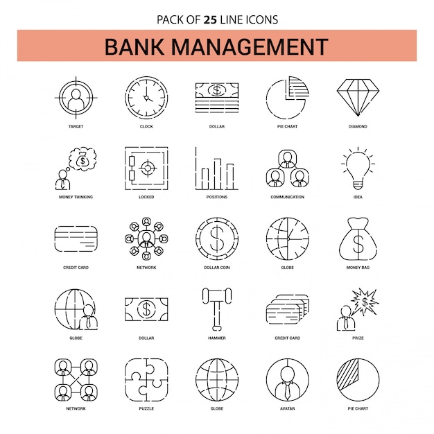 Bank Management Line Icon Set - 25 Dashed Outline Style