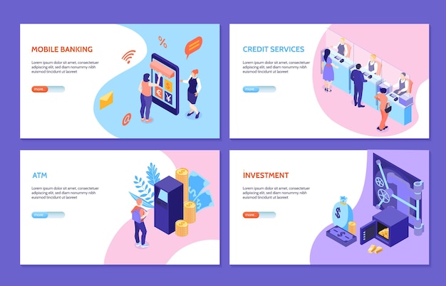 Bank service isometric set of mobile banking credit services investment atm illustration