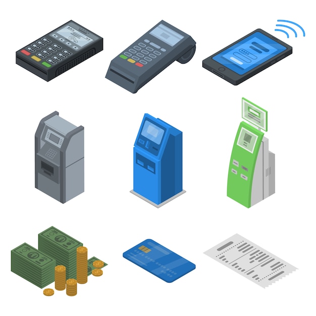 Bank terminal icon set. Isometric set of bank terminal vector icons for web design isolated on white background