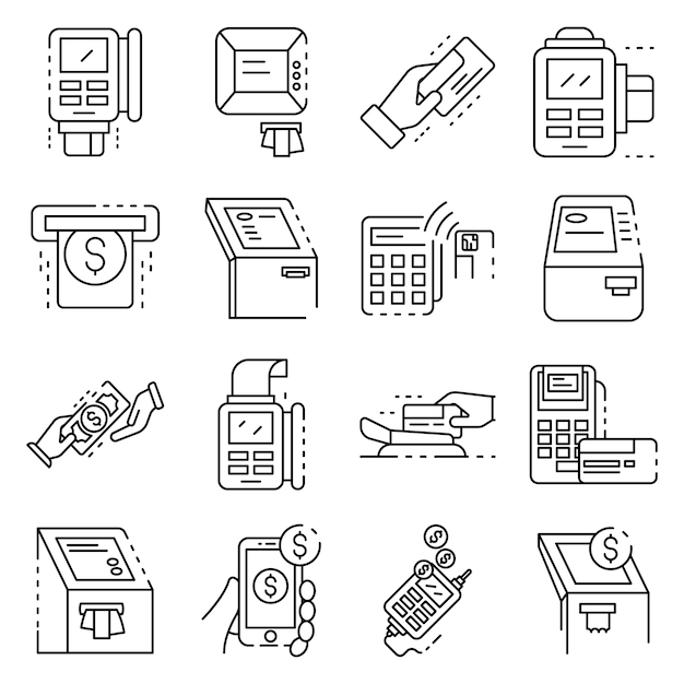 Bank terminal icons set. Outline set of bank terminal vector icons