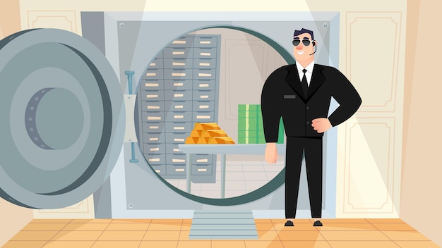 Bank vault concept with people scene in the background cartoon design