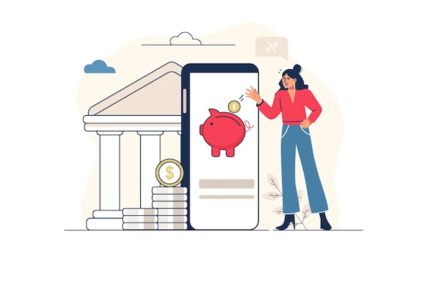 Banking concept in flat line design with people scene Woman manages her money account makes