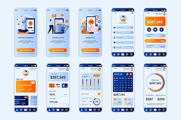 Banking concept screens set for mobile app template UI UX GUI user interface kit