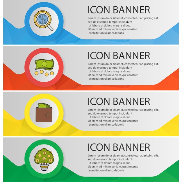 Banking and finance banner templates set. Easy to edit. Investor search, purse with money, cash, money tree website menu items. Color polygonal web banner concepts. Vector backgrounds