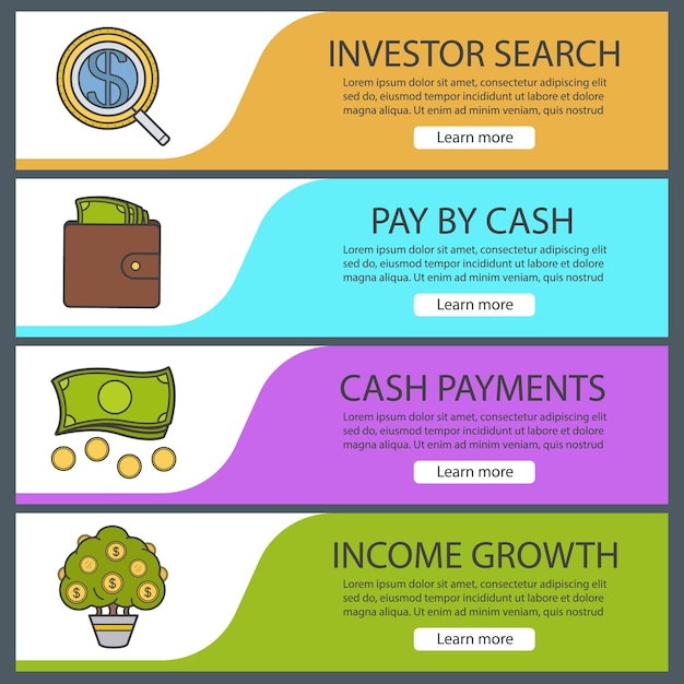 Vector banking and finance banner templates set. easy to edit. investor search, purse with money, cash stack, money tree. website menu items. color web banner. vector headers design concepts