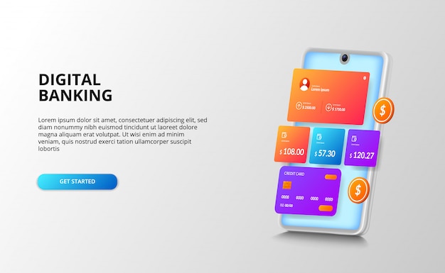 Banking finance dashboard ui design concept for payment, bank, financial with credit card, golden coin, 3D perspective smartphone