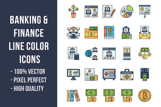 Banking and Finance Line Color Icons