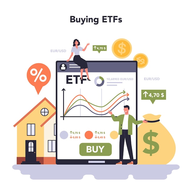 Banking industry sector online service or platform. Financial transactions management. Idea of financial transaction management, saving accounts administration. Buying ETFs. Flat vector illustration