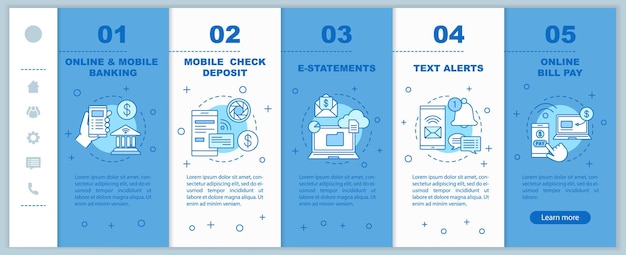 Banking service onboarding mobile web pages vector template Online payment Responsive smartphone website interface with linear icons Financial management Webpage walkthrough step screens concept