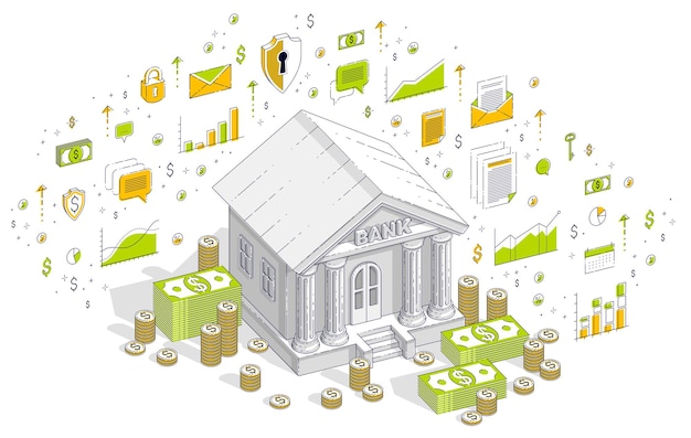 Banking theme cartoon, bank building with dollars and coin stack isolated over white background. 3d vector business isometric illustration with icons, stats charts and design elements.