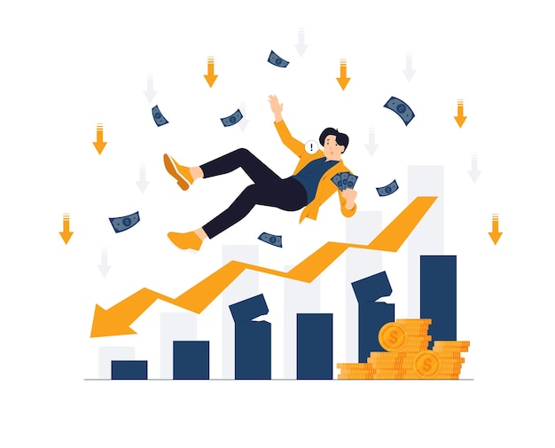 Bankruptcy Financial crisis business failure economy crash downward arrow Depressed Businessman holding cash in hand falling from the sky upset and panicked thinking over concept illustration