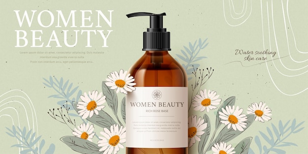 Banner ad for herbal cleansing product mockup with romantic handdrawn chamomile and leaves