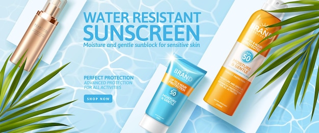 Banner ad for summer beauty products top view of cosmetic mockups set on swimming pool with palm leaves 3d illustration