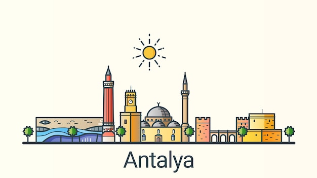 Banner of Antalya city in flat line trendy style. All buildings separated and customizable. Line art.