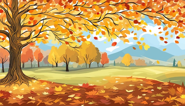 Banner autumn landscape forest blue cloud sky on the background of hills and mountains yellow trees