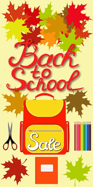 Banner back to school sale Set of School supplies with Sale hand drawn lettering Colored pencils