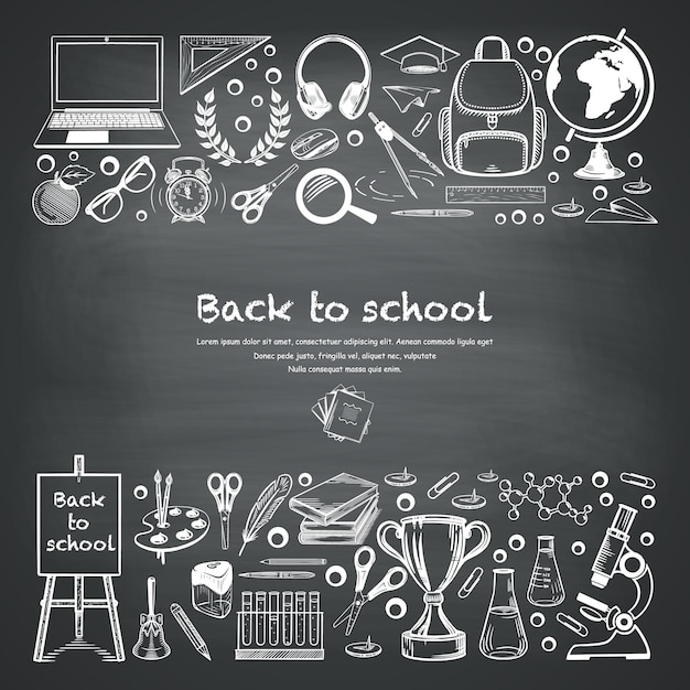 Vector banner back to school sketch stylized drawing with chalk on a black board doodle style vector