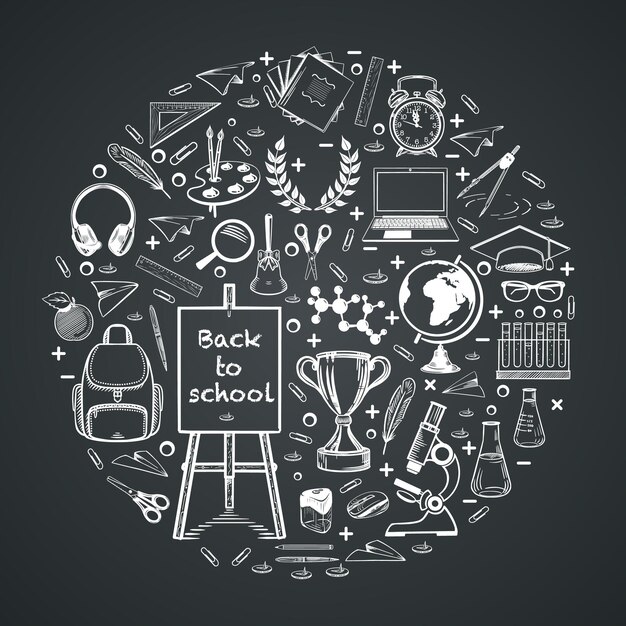 Vector banner back to school sketch stylized drawing with chalk on a black board doodle style vector