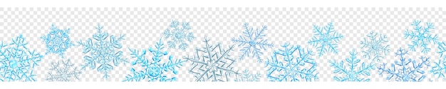 Banner of big complex translucent Christmas snowflakes in light blue colors isolated on transparent background With seamless horizontal repetition