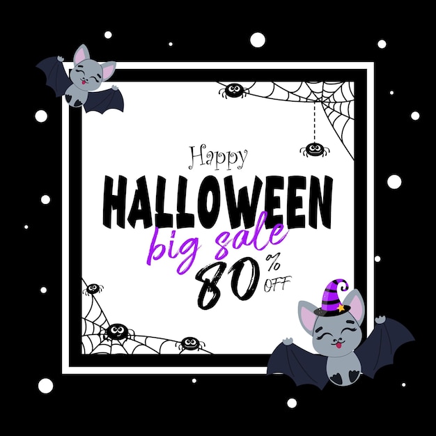 A banner on a black background with an 80 Halloween sale a cute bat in a hat and spiders with cobwebs