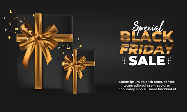 banner black friday sale. Realistic 3d design gift box, gold bow. for promotional marketing discount