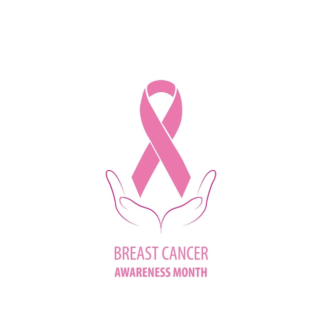 Banner of breast cancer awareness with two hands holding a pink ribbon on a white background