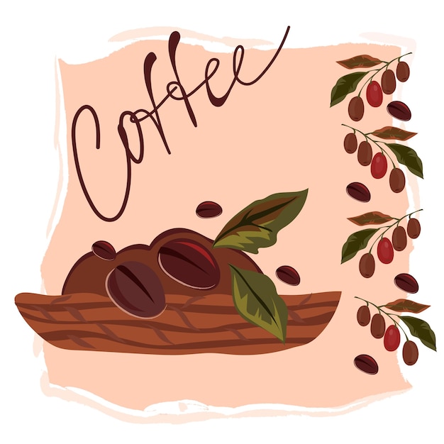 Banner or card backdrop with coffee beans in woven basket and floral decorative elements flat vector