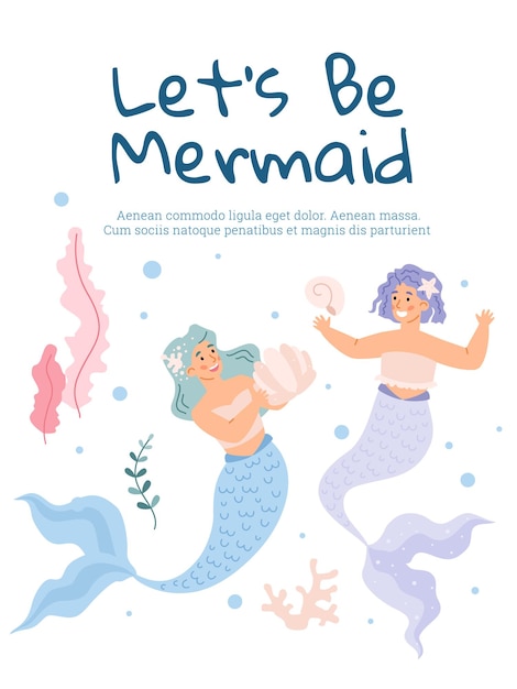 Banner or card design with undersea mermaids flat vector illustration