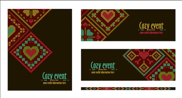 Banner, card, flyer template in ethnic style. Embroidery cross-stitch design. Rhombus ornament.