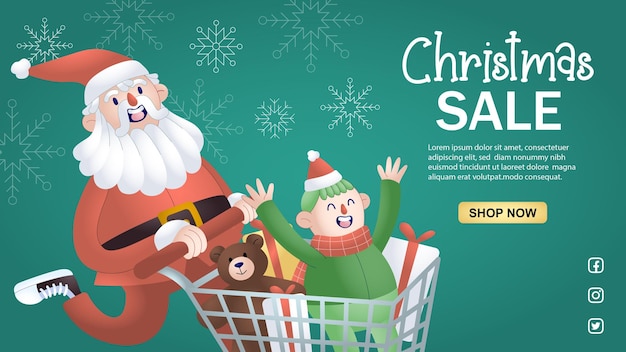 Banner christmas sale with image of santa with shopping cart