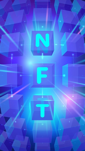 banner concept of non fungible tokens with NFT typography on blue cubes background