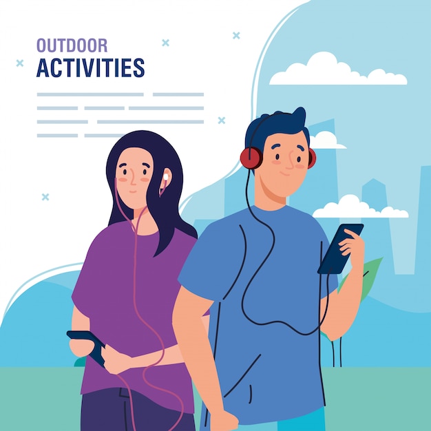 Banner, couple performing leisure outdoor activities, couple using headphones and smartphones illustration design