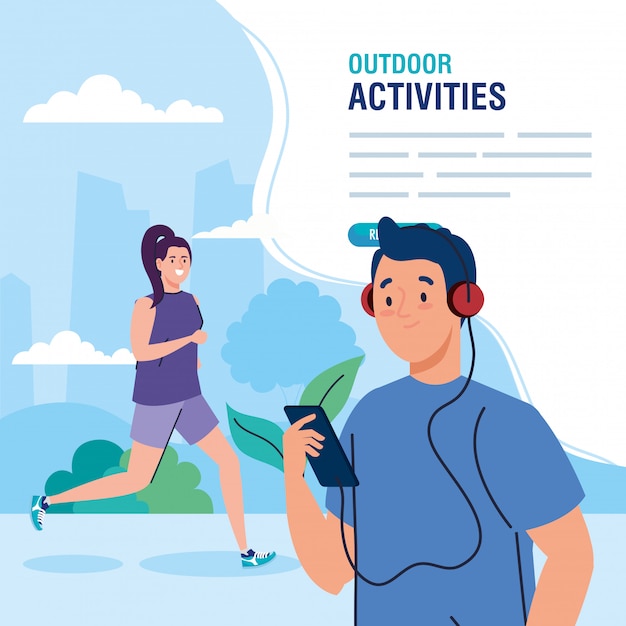 Banner, couple performing leisure outdoor activities illustration design