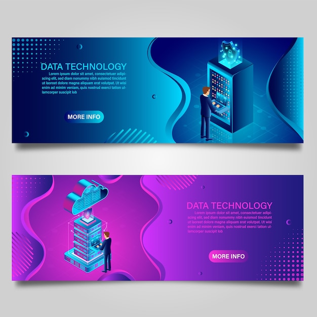 Banner data technology and big data processing protecting data security concept for business isometric design