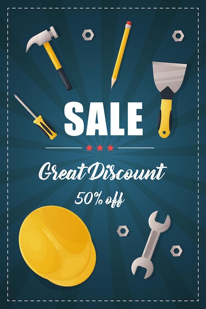 Banner discount poster sale happy labor day advertising blue background and construction tools