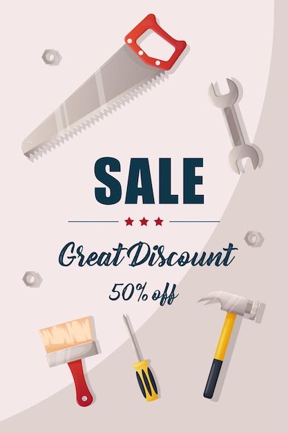 Vector banner discount poster sale happy working day white background and construction tools