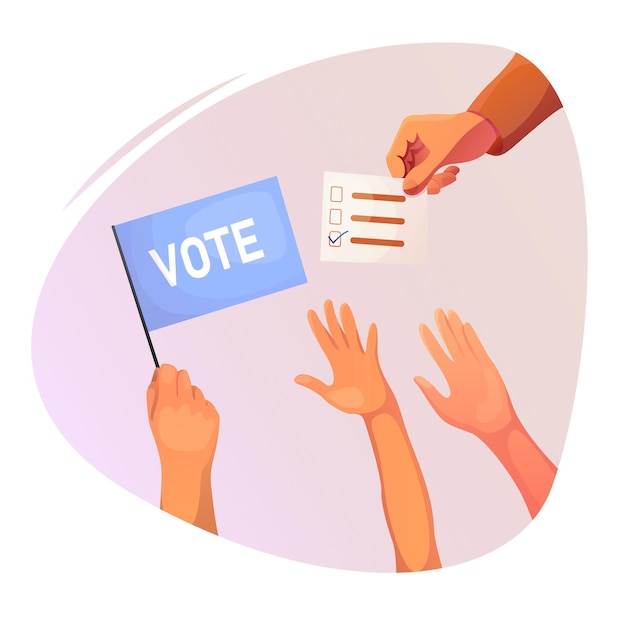 Vector banner for election hands calling to usa election voting and holding paper signs vote day