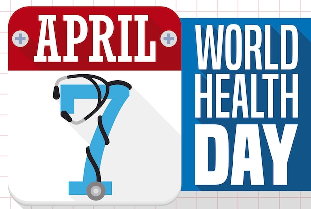 Banner in flat style and long shadow with calendar with stethoscope tangled in 7 for Health Day