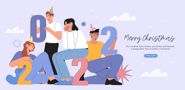 Banner, flyer, landing page with happy people or office workers, employees hold big numbers 2022. Group of friends or team wish Merry Christmas and happy New Year to their clients. Holiday greeting.