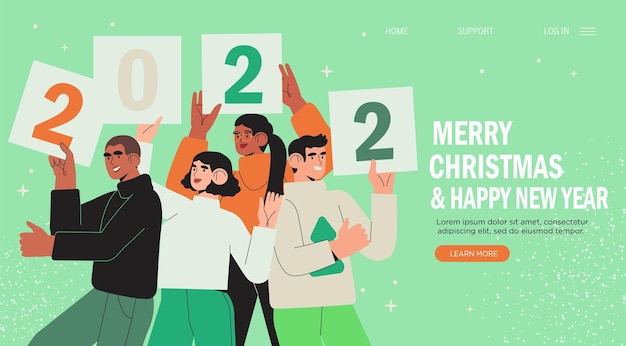 Banner, flyer, landing page with happy people or office workers, employees hold signs or placard wit numbers 2021. Group of friends or team wish Merry Christmas and happy New Year . Holiday greeting.