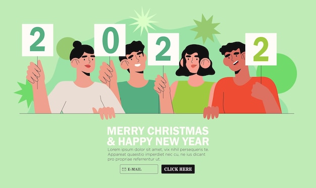 Banner, flyer, landing page with happy people or office workers, employees hold signs with numbers 2022. Group of friends or team wish Merry Christmas and happy New Year to clients. Holiday greeting.