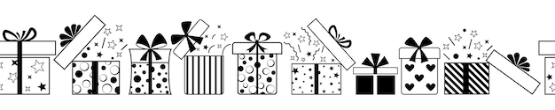 Banner of gift boxes with bows and different patterns black on white background with seamless horizontal repetition