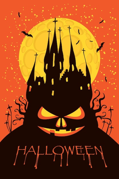 banner for Halloween with pumpkin head, old castle and moon