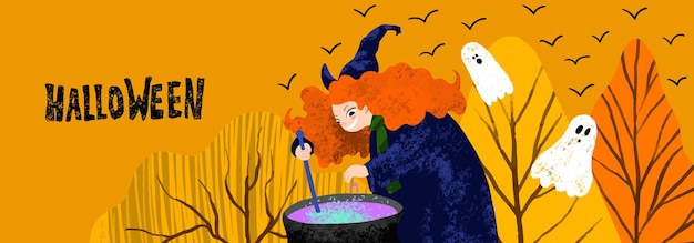 Banner for Halloween with witch cooking the potion in the cauldron, forest, ghosts