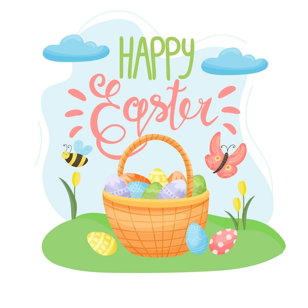 Banner Happy Easter Modern vector holiday design with typography Easter Bunny Painted eggs Modern minimalist style