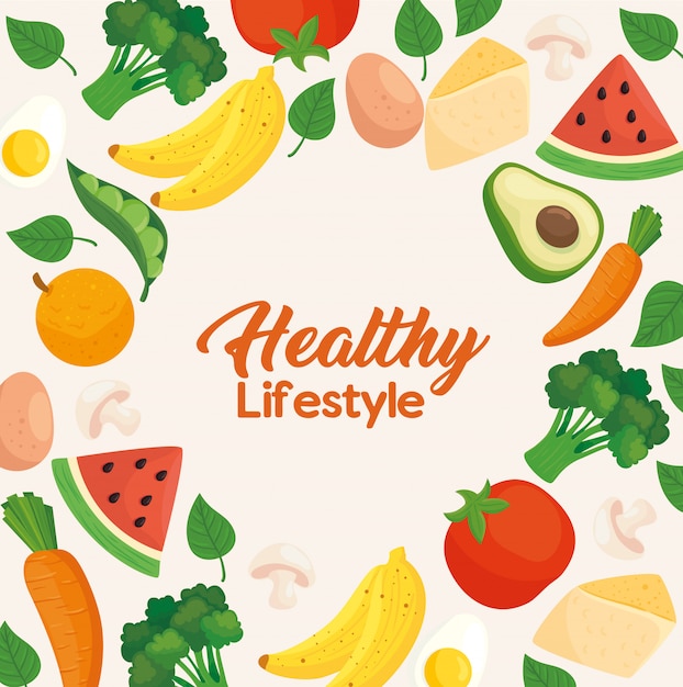 Banner healthy lifestyle, vegetables with fruits and food