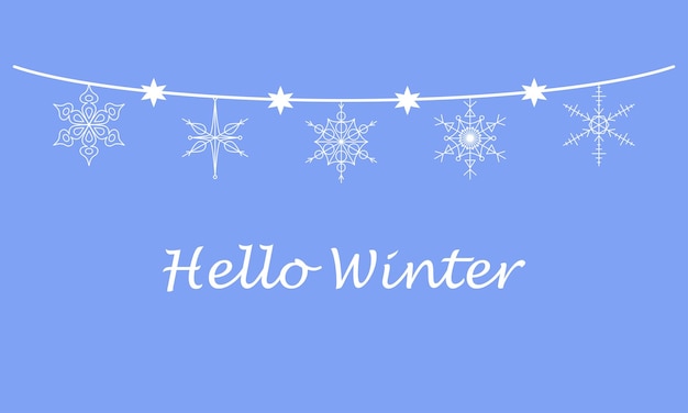 Banner hello winter with a garland of snowflakes