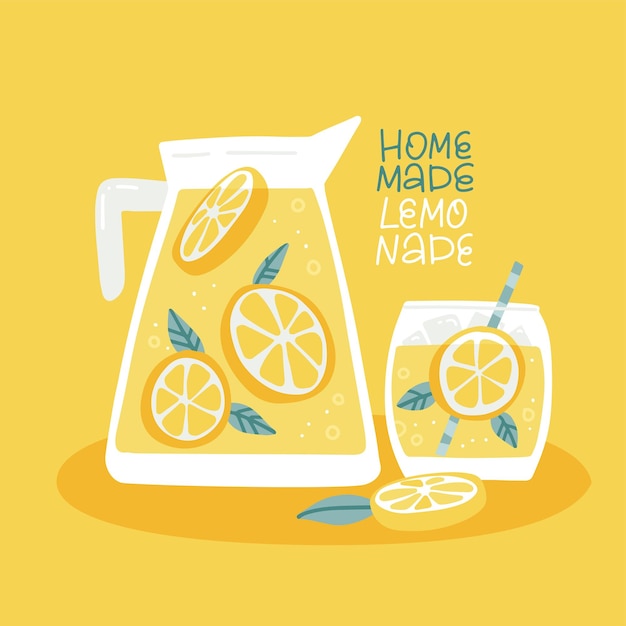 Banner for homemade lemonade with jug of fresh citrus drink and glass of tasty lemon beverage still